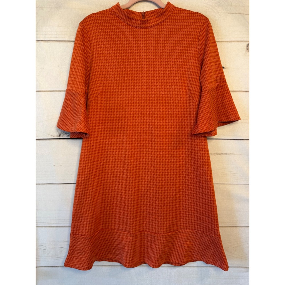 Tyler Boe Orange Houndstooth Mock Neck Bell Sleeve Flounce Hem Shift Dress L
